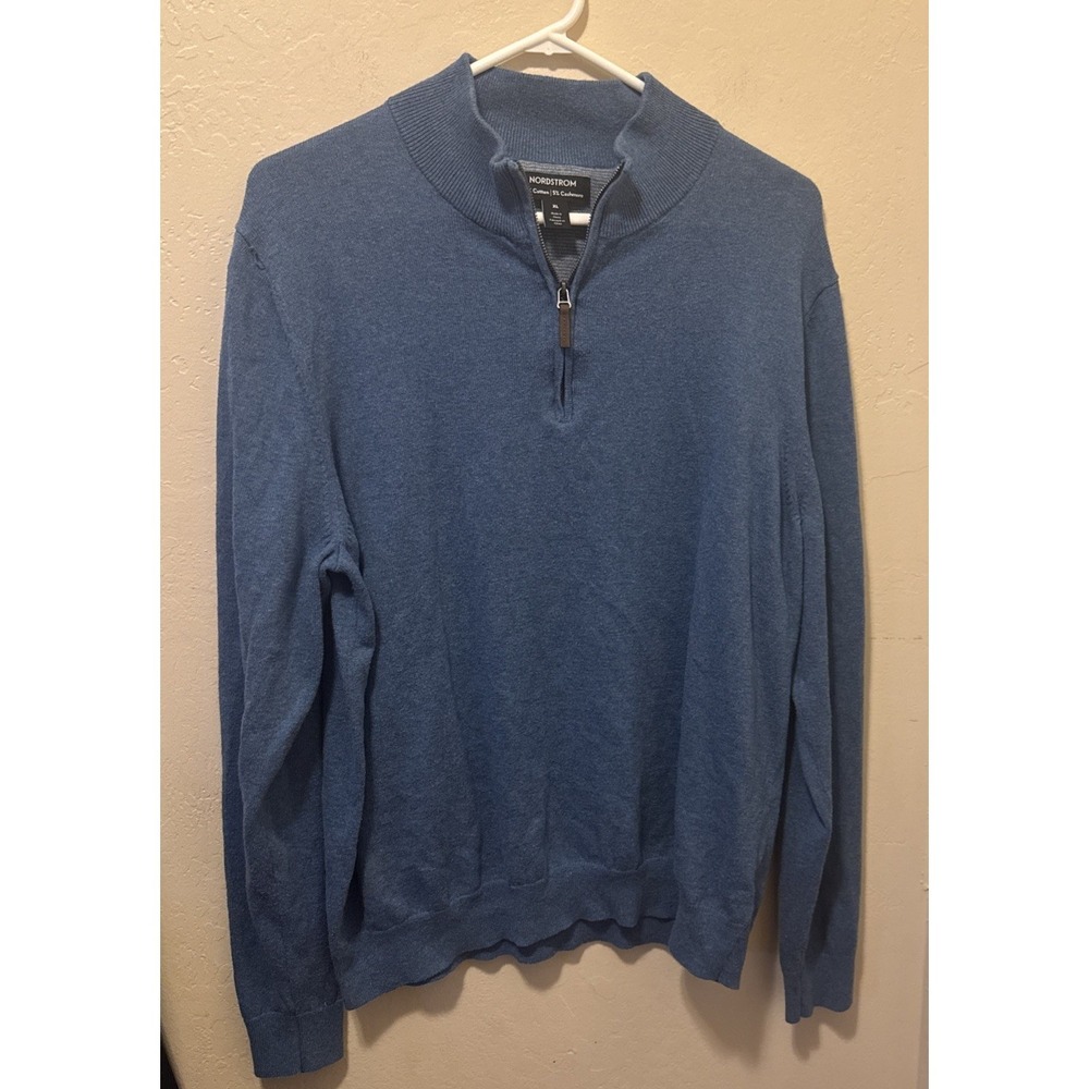 Nordstrom Mens XL Blue Long Sleeve 1/4 Zip. Gray Cotton & 5% Cashmere Sweater.